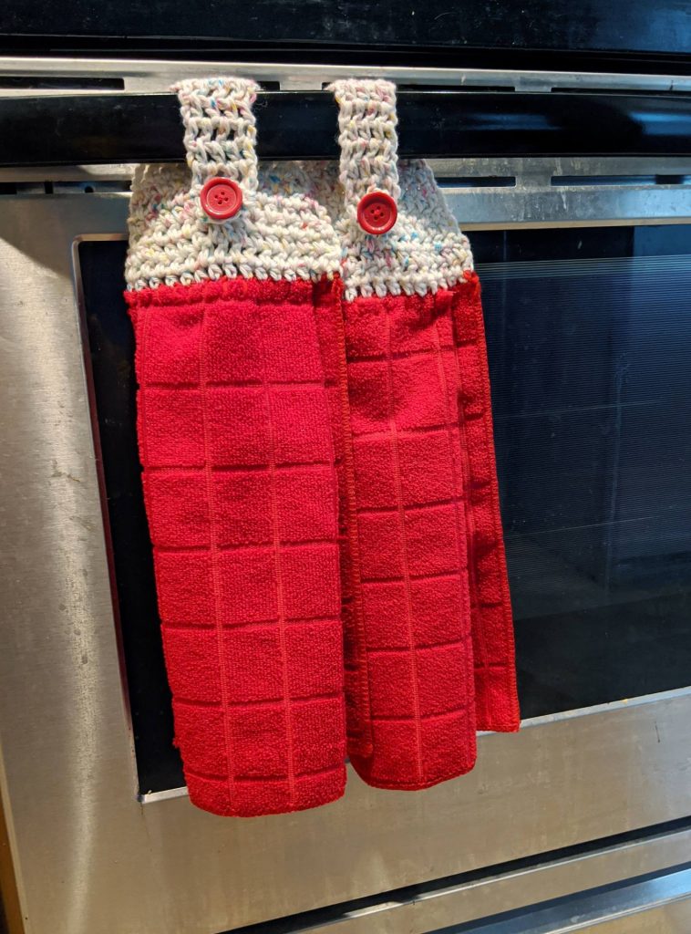 $9, Hanging Towel Pair With Hand Crocheted Top. Artist: Shelly Kontak