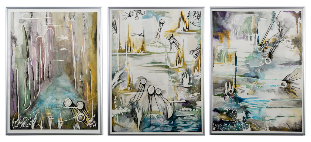 MICHELE BOYLE - New World; Pilgrimage; Belonging - Watercolor - 24.5 x 18.5 each - NFS